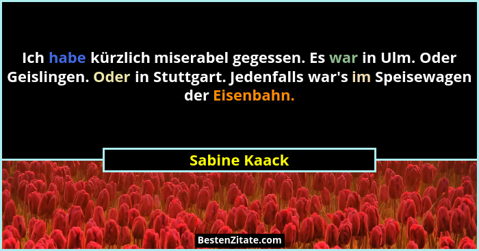 Ich habe kürzlich miserabel gegessen. Es war in Ulm. Oder Geislingen. Oder in Stuttgart. Jedenfalls war's im Speisewagen der Eisenb... - Sabine Kaack
