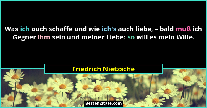 Was ich auch schaffe und wie ich's auch liebe, – bald muß ich Gegner ihm sein und meiner Liebe: so will es mein Wille.... - Friedrich Nietzsche