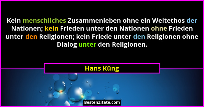 Kein menschliches Zusammenleben ohne ein Weltethos der Nationen; kein Frieden unter den Nationen ohne Frieden unter den Religionen; kein F... - Hans Küng