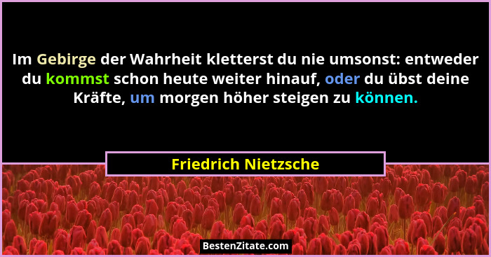 Im Gebirge der Wahrheit kletterst du nie umsonst: entweder du kommst schon heute weiter hinauf, oder du übst deine Kräfte, um mo... - Friedrich Nietzsche