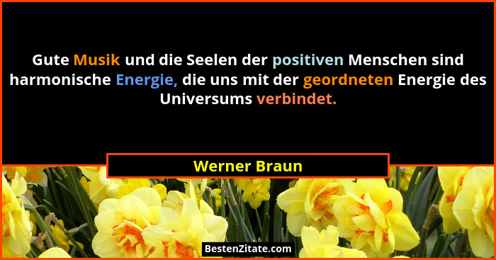 Gute Musik und die Seelen der positiven Menschen sind harmonische Energie, die uns mit der geordneten Energie des Universums verbindet.... - Werner Braun