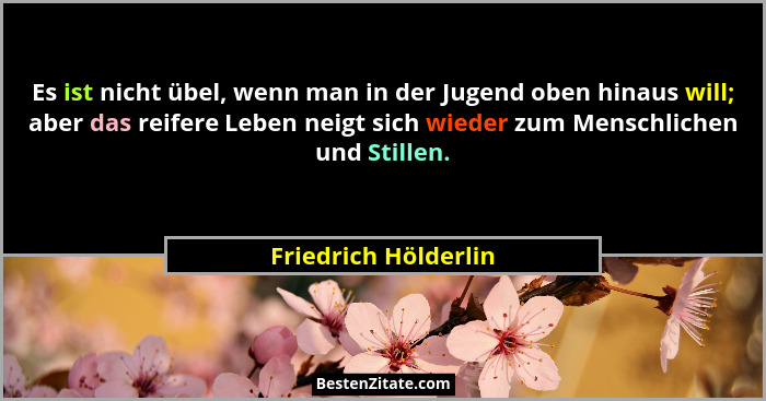 Es ist nicht übel, wenn man in der Jugend oben hinaus will; aber das reifere Leben neigt sich wieder zum Menschlichen und Stille... - Friedrich Hölderlin