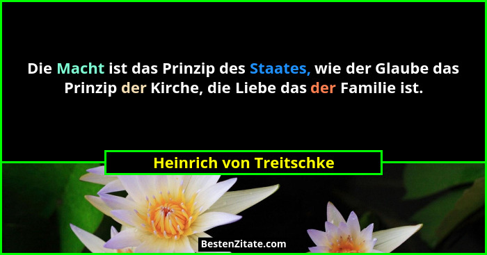 Die Macht ist das Prinzip des Staates, wie der Glaube das Prinzip der Kirche, die Liebe das der Familie ist.... - Heinrich von Treitschke