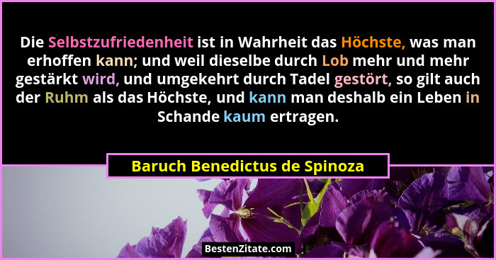 Die Selbstzufriedenheit ist in Wahrheit das Höchste, was man erhoffen kann; und weil dieselbe durch Lob mehr und mehr g... - Baruch Benedictus de Spinoza