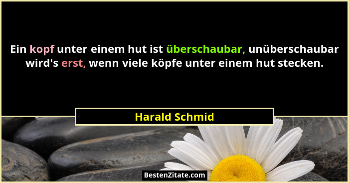 Ein kopf unter einem hut ist überschaubar, unüberschaubar wird's erst, wenn viele köpfe unter einem hut stecken.... - Harald Schmid