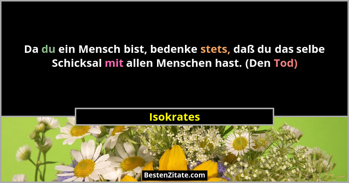 Da du ein Mensch bist, bedenke stets, daß du das selbe Schicksal mit allen Menschen hast. (Den Tod)... - Isokrates