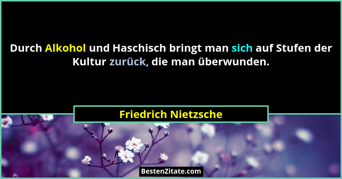 Durch Alkohol und Haschisch bringt man sich auf Stufen der Kultur zurück, die man überwunden.... - Friedrich Nietzsche