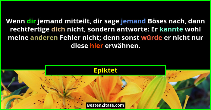 Wenn dir jemand mitteilt, dir sage jemand Böses nach, dann rechtfertige dich nicht, sondern antworte: Er kannte wohl meine anderen Fehler ni... - Epiktet