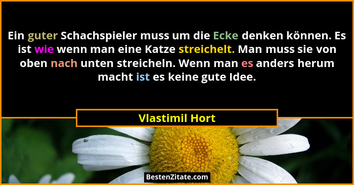 Ein guter Schachspieler muss um die Ecke denken können. Es ist wie wenn man eine Katze streichelt. Man muss sie von oben nach unten s... - Vlastimil Hort