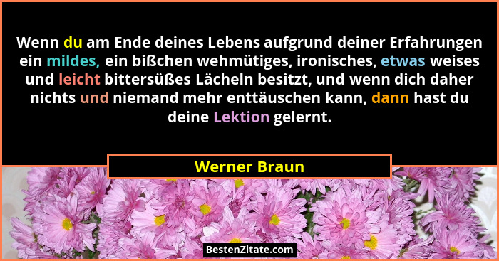 Wenn du am Ende deines Lebens aufgrund deiner Erfahrungen ein mildes, ein bißchen wehmütiges, ironisches, etwas weises und leicht bitte... - Werner Braun