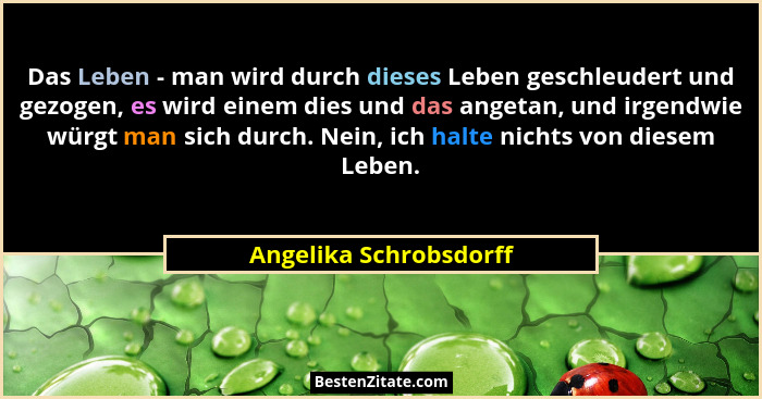Das Leben - man wird durch dieses Leben geschleudert und gezogen, es wird einem dies und das angetan, und irgendwie würgt man... - Angelika Schrobsdorff
