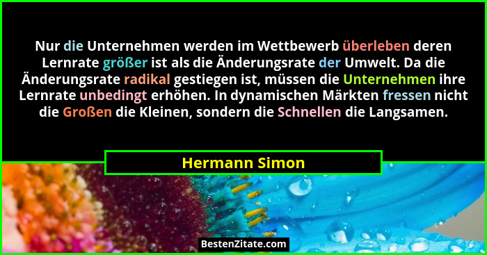 Nur die Unternehmen werden im Wettbewerb überleben deren Lernrate größer ist als die Änderungsrate der Umwelt. Da die Änderungsrate ra... - Hermann Simon