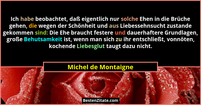 Ich habe beobachtet, daß eigentlich nur solche Ehen in die Brüche gehen, die wegen der Schönheit und aus Liebessehnsucht zustand... - Michel de Montaigne