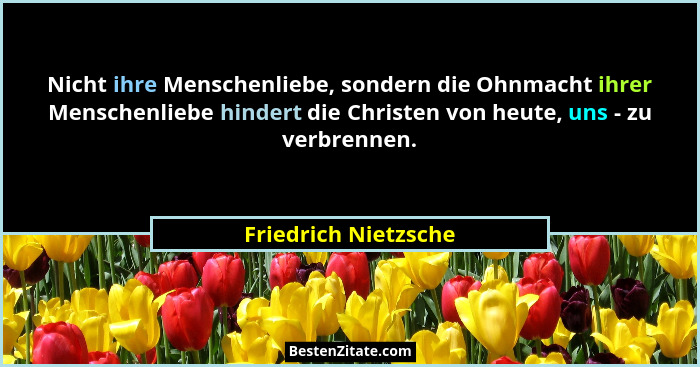 Nicht ihre Menschenliebe, sondern die Ohnmacht ihrer Menschenliebe hindert die Christen von heute, uns - zu verbrennen.... - Friedrich Nietzsche
