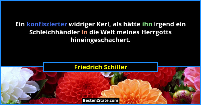 Ein konfiszierter widriger Kerl, als hätte ihn irgend ein Schleichhändler in die Welt meines Herrgotts hineingeschachert.... - Friedrich Schiller