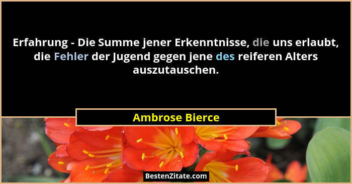 Erfahrung - Die Summe jener Erkenntnisse, die uns erlaubt, die Fehler der Jugend gegen jene des reiferen Alters auszutauschen.... - Ambrose Bierce