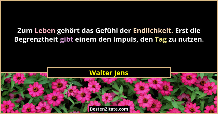 Zum Leben gehört das Gefühl der Endlichkeit. Erst die Begrenztheit gibt einem den Impuls, den Tag zu nutzen.... - Walter Jens