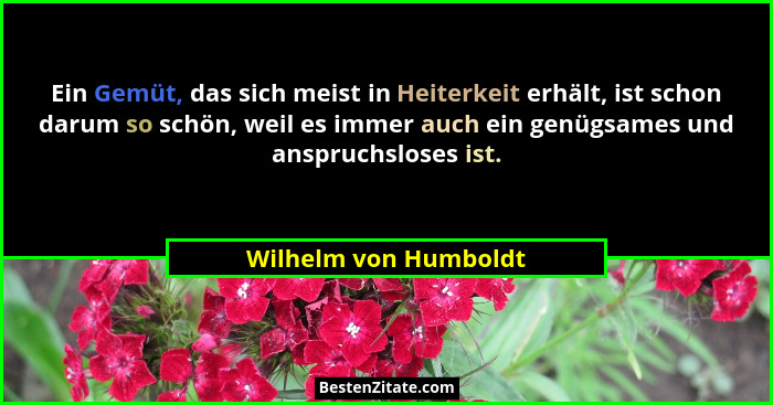 Ein Gemüt, das sich meist in Heiterkeit erhält, ist schon darum so schön, weil es immer auch ein genügsames und anspruchsloses... - Wilhelm von Humboldt
