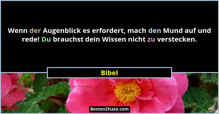 Wenn der Augenblick es erfordert, mach den Mund auf und rede! Du brauchst dein Wissen nicht zu verstecken.... - Bibel