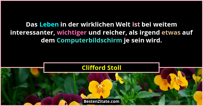 Das Leben in der wirklichen Welt ist bei weitem interessanter, wichtiger und reicher, als irgend etwas auf dem Computerbildschirm je... - Clifford Stoll
