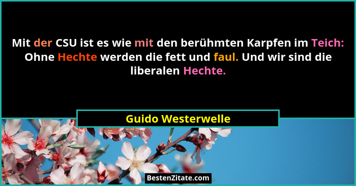 Mit der CSU ist es wie mit den berühmten Karpfen im Teich: Ohne Hechte werden die fett und faul. Und wir sind die liberalen Hechte... - Guido Westerwelle