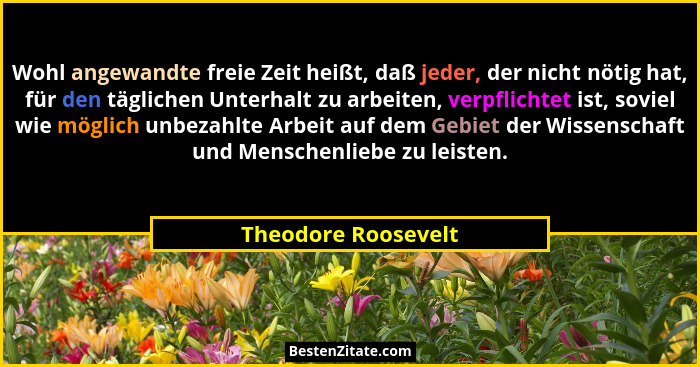 Wohl angewandte freie Zeit heißt, daß jeder, der nicht nötig hat, für den täglichen Unterhalt zu arbeiten, verpflichtet ist, sovi... - Theodore Roosevelt