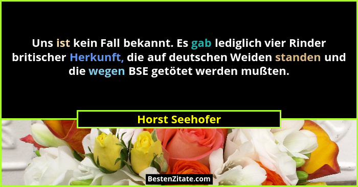 Uns ist kein Fall bekannt. Es gab lediglich vier Rinder britischer Herkunft, die auf deutschen Weiden standen und die wegen BSE getöt... - Horst Seehofer