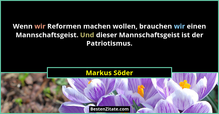 Wenn wir Reformen machen wollen, brauchen wir einen Mannschaftsgeist. Und dieser Mannschaftsgeist ist der Patriotismus.... - Markus Söder