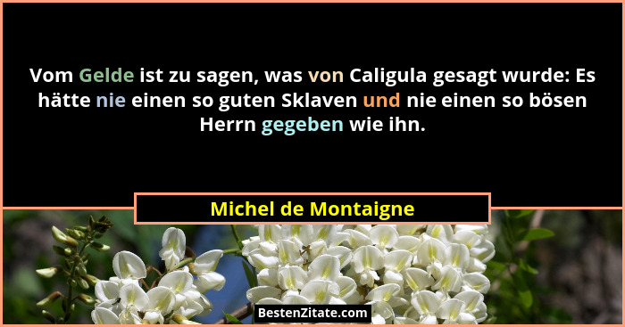 Vom Gelde ist zu sagen, was von Caligula gesagt wurde: Es hätte nie einen so guten Sklaven und nie einen so bösen Herrn gegeben... - Michel de Montaigne