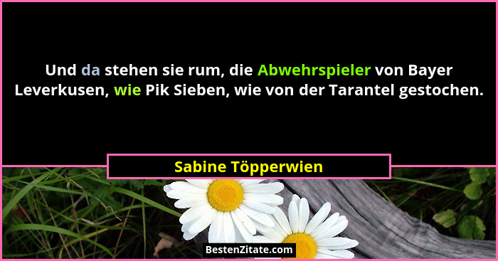 Und da stehen sie rum, die Abwehrspieler von Bayer Leverkusen, wie Pik Sieben, wie von der Tarantel gestochen.... - Sabine Töpperwien