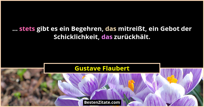 ... stets gibt es ein Begehren, das mitreißt, ein Gebot der Schicklichkeit, das zurückhält.... - Gustave Flaubert