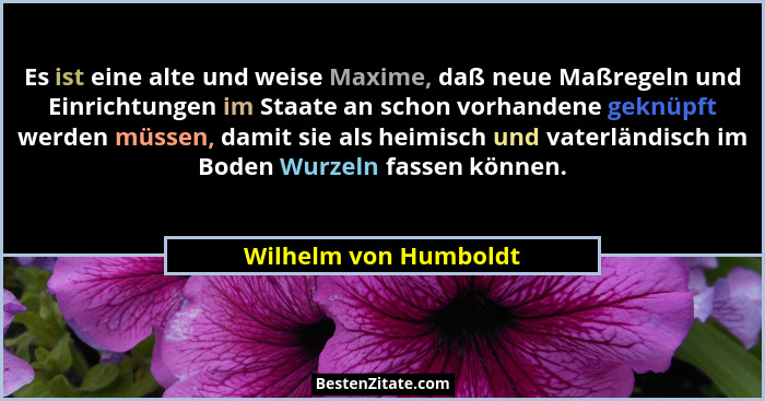 Es ist eine alte und weise Maxime, daß neue Maßregeln und Einrichtungen im Staate an schon vorhandene geknüpft werden müssen, d... - Wilhelm von Humboldt