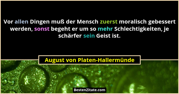 Vor allen Dingen muß der Mensch zuerst moralisch gebessert werden, sonst begeht er um so mehr Schlechtigkeiten, je sch... - August von Platen-Hallermünde