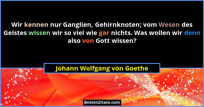 Wir kennen nur Ganglien, Gehirnknoten; vom Wesen des Geistes wissen wir so viel wie gar nichts. Was wollen wir denn also... - Johann Wolfgang von Goethe