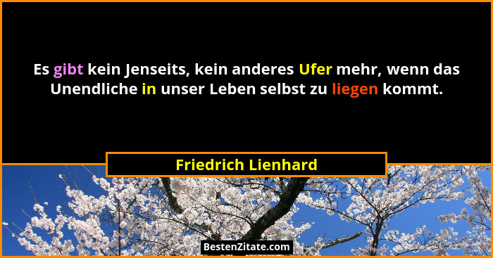 Es gibt kein Jenseits, kein anderes Ufer mehr, wenn das Unendliche in unser Leben selbst zu liegen kommt.... - Friedrich Lienhard