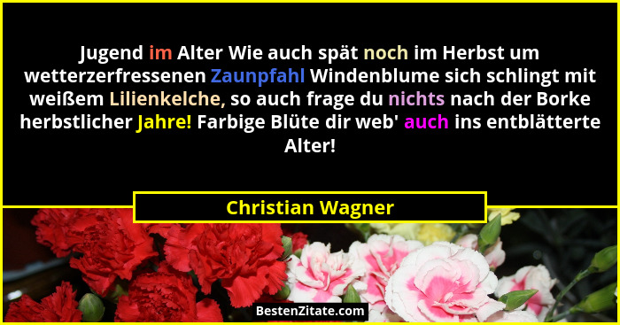 Jugend im Alter Wie auch spät noch im Herbst um wetterzerfressenen Zaunpfahl Windenblume sich schlingt mit weißem Lilienkelche, so... - Christian Wagner