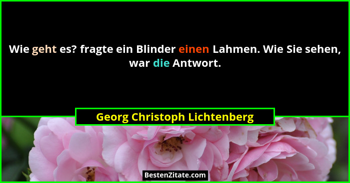 Wie geht es? fragte ein Blinder einen Lahmen. Wie Sie sehen, war die Antwort.... - Georg Christoph Lichtenberg