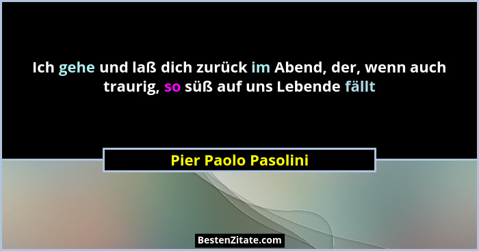 Ich gehe und laß dich zurück im Abend, der, wenn auch traurig, so süß auf uns Lebende fällt... - Pier Paolo Pasolini