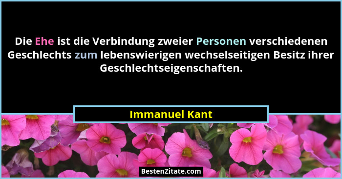 Die Ehe ist die Verbindung zweier Personen verschiedenen Geschlechts zum lebenswierigen wechselseitigen Besitz ihrer Geschlechtseigens... - Immanuel Kant