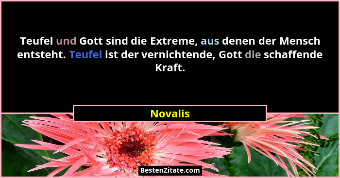 Teufel und Gott sind die Extreme, aus denen der Mensch entsteht. Teufel ist der vernichtende, Gott die schaffende Kraft.... - Novalis