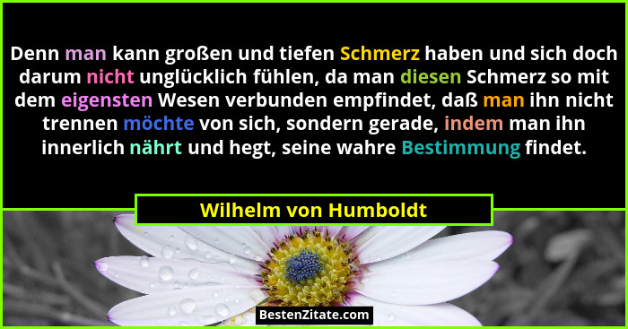 Denn man kann großen und tiefen Schmerz haben und sich doch darum nicht unglücklich fühlen, da man diesen Schmerz so mit dem ei... - Wilhelm von Humboldt