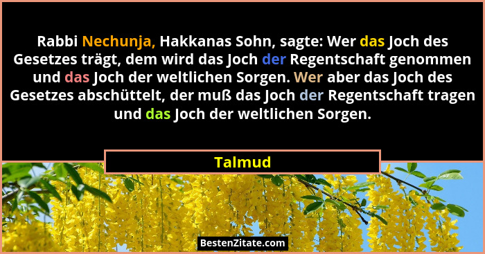 Rabbi Nechunja, Hakkanas Sohn, sagte: Wer das Joch des Gesetzes trägt, dem wird das Joch der Regentschaft genommen und das Joch der weltliche... - Talmud