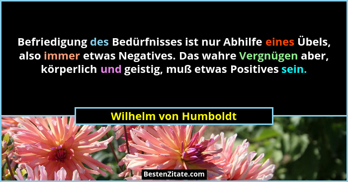 Befriedigung des Bedürfnisses ist nur Abhilfe eines Übels, also immer etwas Negatives. Das wahre Vergnügen aber, körperlich und... - Wilhelm von Humboldt
