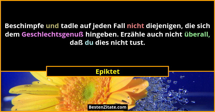 Beschimpfe und tadle auf jeden Fall nicht diejenigen, die sich dem Geschlechtsgenuß hingeben. Erzähle auch nicht überall, daß du dies nicht... - Epiktet