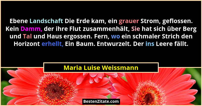 Ebene Landschaft Die Erde kam, ein grauer Strom, geflossen. Kein Damm, der ihre Flut zusammenhält, Sie hat sich über Berg und... - Maria Luise Weissmann