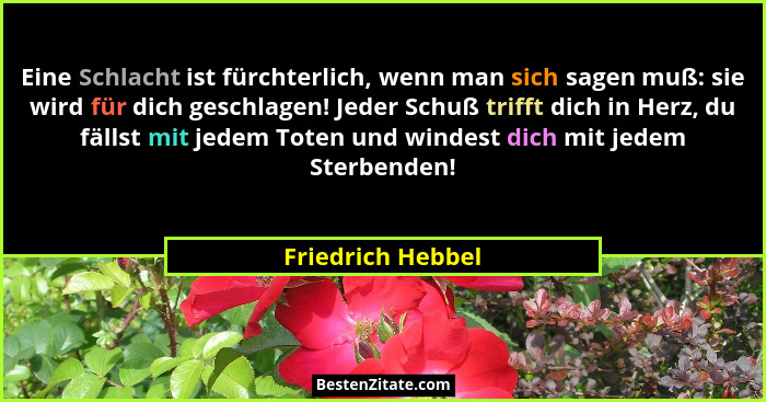Eine Schlacht ist fürchterlich, wenn man sich sagen muß: sie wird für dich geschlagen! Jeder Schuß trifft dich in Herz, du fällst m... - Friedrich Hebbel