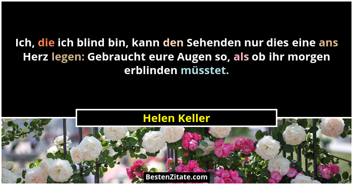 Ich, die ich blind bin, kann den Sehenden nur dies eine ans Herz legen: Gebraucht eure Augen so, als ob ihr morgen erblinden müsstet.... - Helen Keller