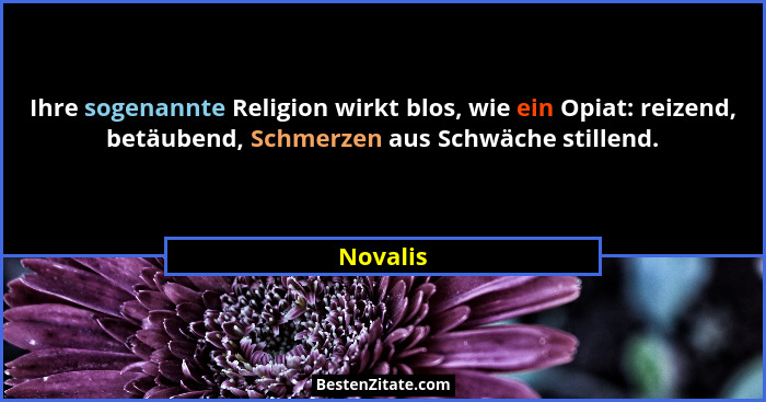 Ihre sogenannte Religion wirkt blos, wie ein Opiat: reizend, betäubend, Schmerzen aus Schwäche stillend.... - Novalis