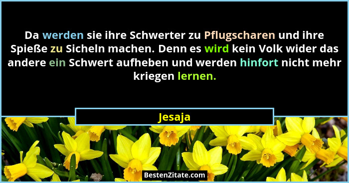 Da werden sie ihre Schwerter zu Pflugscharen und ihre Spieße zu Sicheln machen. Denn es wird kein Volk wider das andere ein Schwert aufheben... - Jesaja
