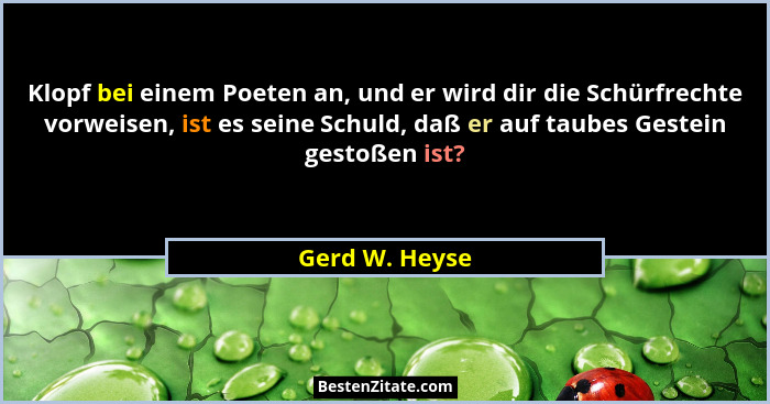 Klopf bei einem Poeten an, und er wird dir die Schürfrechte vorweisen, ist es seine Schuld, daß er auf taubes Gestein gestoßen ist?... - Gerd W. Heyse